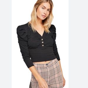 NWT Free People | Black Gemma Henley Blouse Ruched Shoulder Sleeve XS